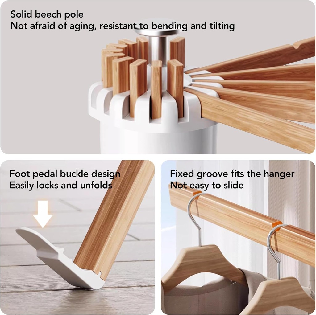 Detail diagram of beech pole hub, foot pedal release buckle, and fixed anti-slide hanger grooves