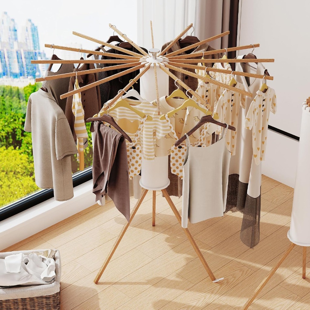 Collapsible Tripod Clothes Drying Rack with 16 Beech Wood Arms