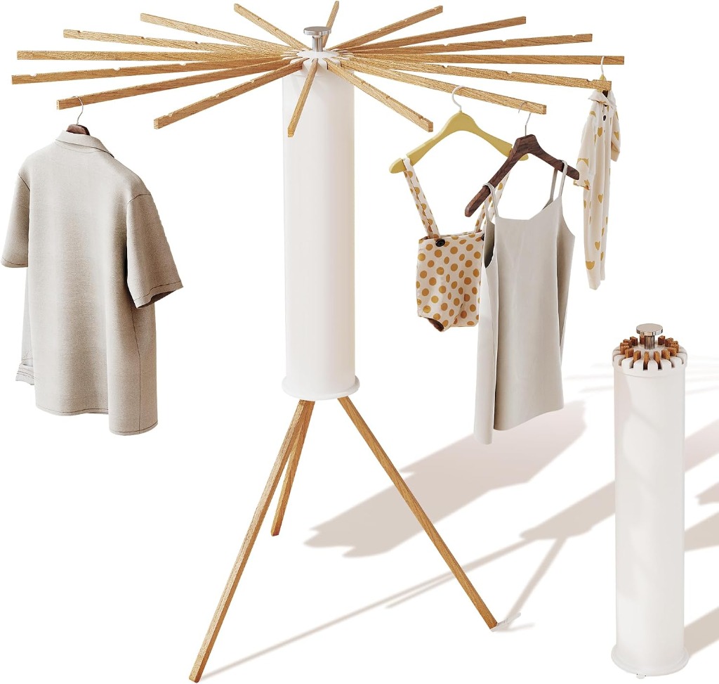 Side-by-side comparison of expanded drying tree next to folded vertical cylinder pillar